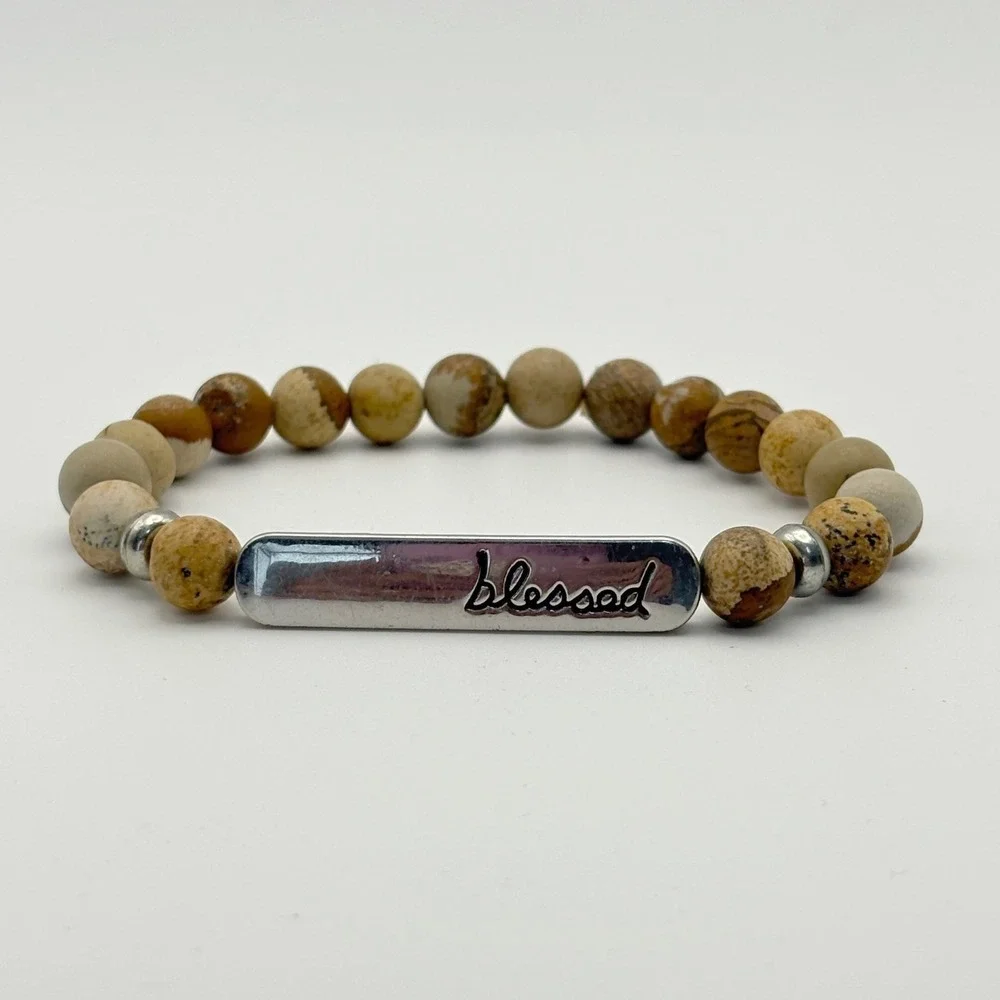 Blessed Bar Beaded Bracelet Women OS Brown Jasper Stone Faith Jewelry Religious